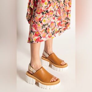 Stella McCartney Emilie Tan‎ Faux Leather Chunky Platform Slingback Sandals